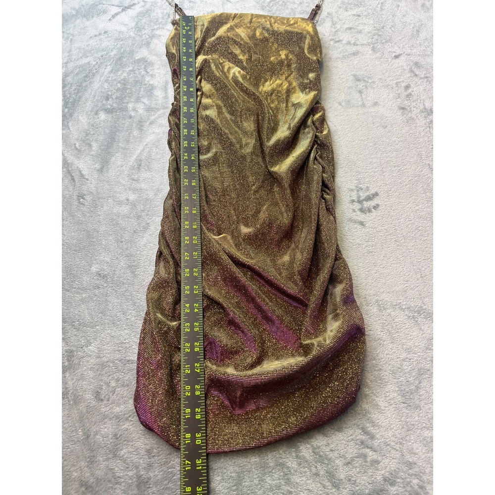 Pink Green Shimmer Bodycon Ruched Mini Dress Rhinestones Straps Size Small - Picture 4 of 7